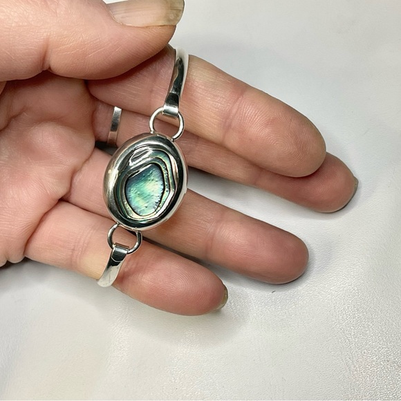 Vtg Sterling Silver Abalone Bangle Mexican Silver Bracelet - Picture 7 of 8